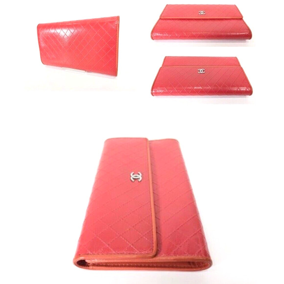 RARE Authentic CHANEL Wallet Red Orange Leather Bicolore CC W/Box - Picture 6 of 11